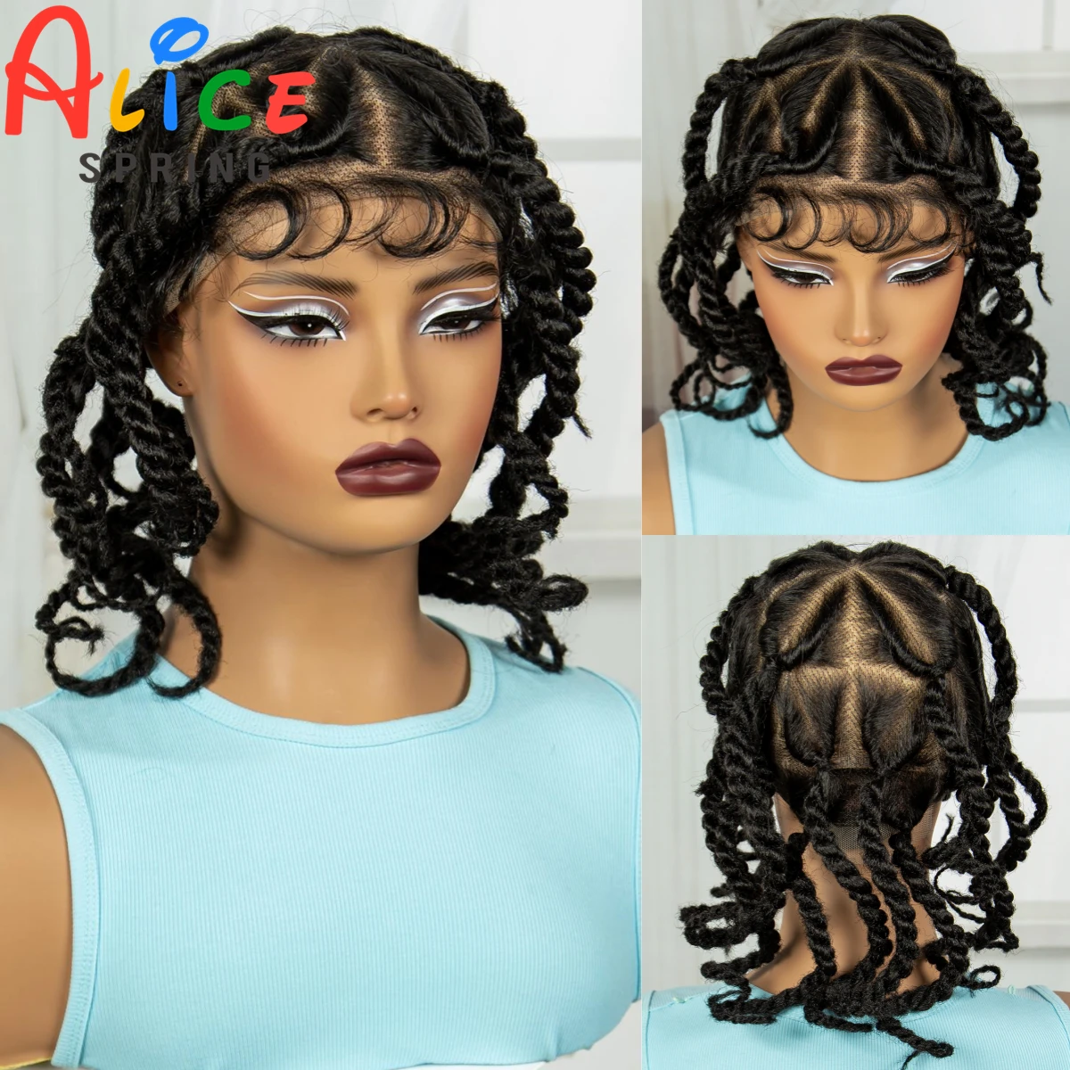 Natural 12inch Transparent Full Lace Braided Wigs Handmade Bantu Synthetic Braided Lace Wigs Knotless Braids Wigs with Baby Hair