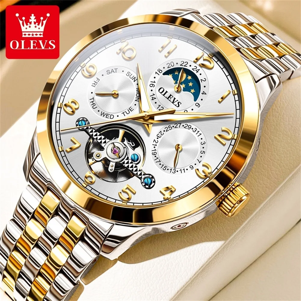 OLEVS TOP Original Men\'s Mechanical Watch Luminous Waterproof Moon Phase Business Dress High Quality Automatic Man Wrist Watches