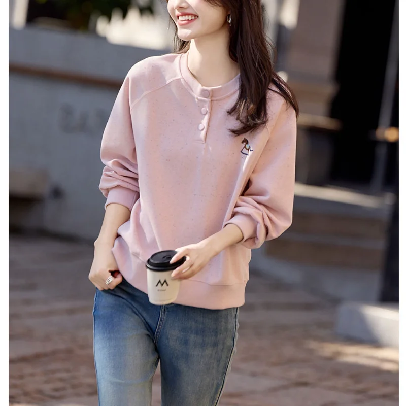 

Топ с длинными рукавами и вышивкой, весенний новый простой модный свободный универсальный свитшот с круглым вырезом для женщин