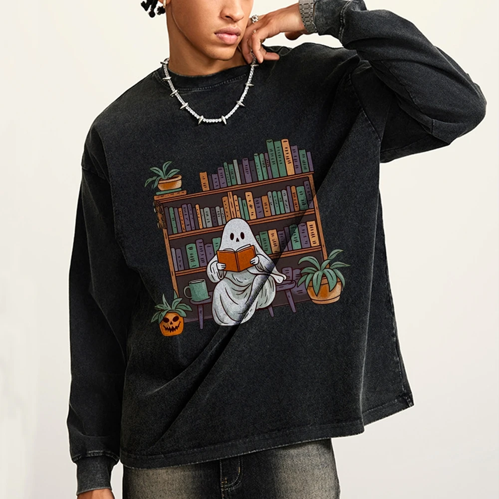 Librarian Ghost Hallowee Printed Sweatshirt Unisex Halloween Pumpkin Pullover Casual Washed Long Sleeve Women\'s Fall Clothes