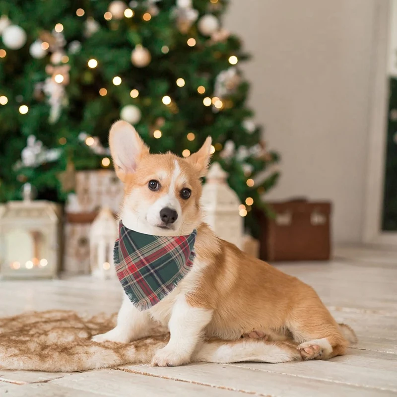 Dog Bandanas With Tassels Edges Plaid Dog Scarf Bib Plaid Pet Triangle Scarf Tassel Bandanas