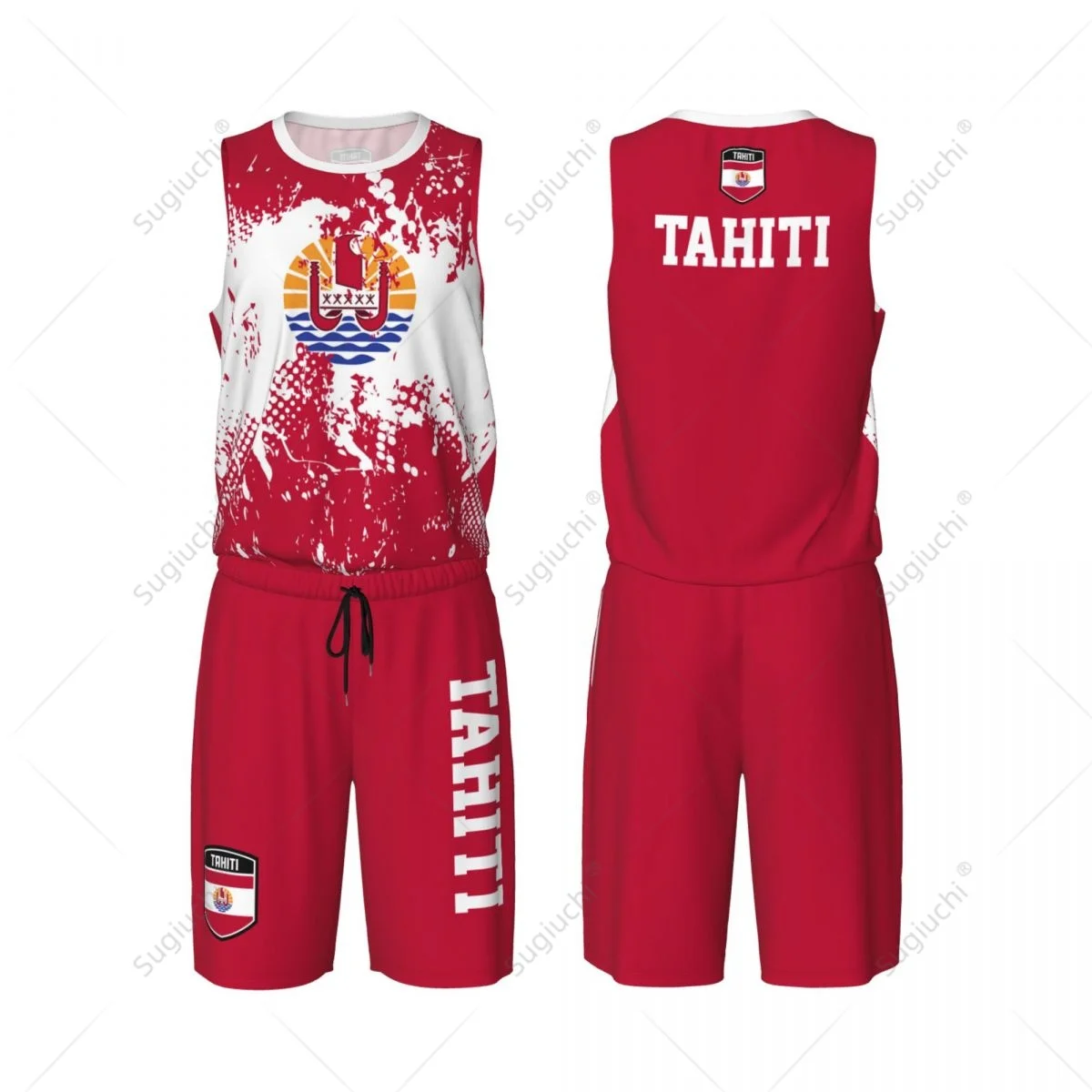 Tahiti Flag Grain Men Basketball Set Shirt & Pants Sleeveless