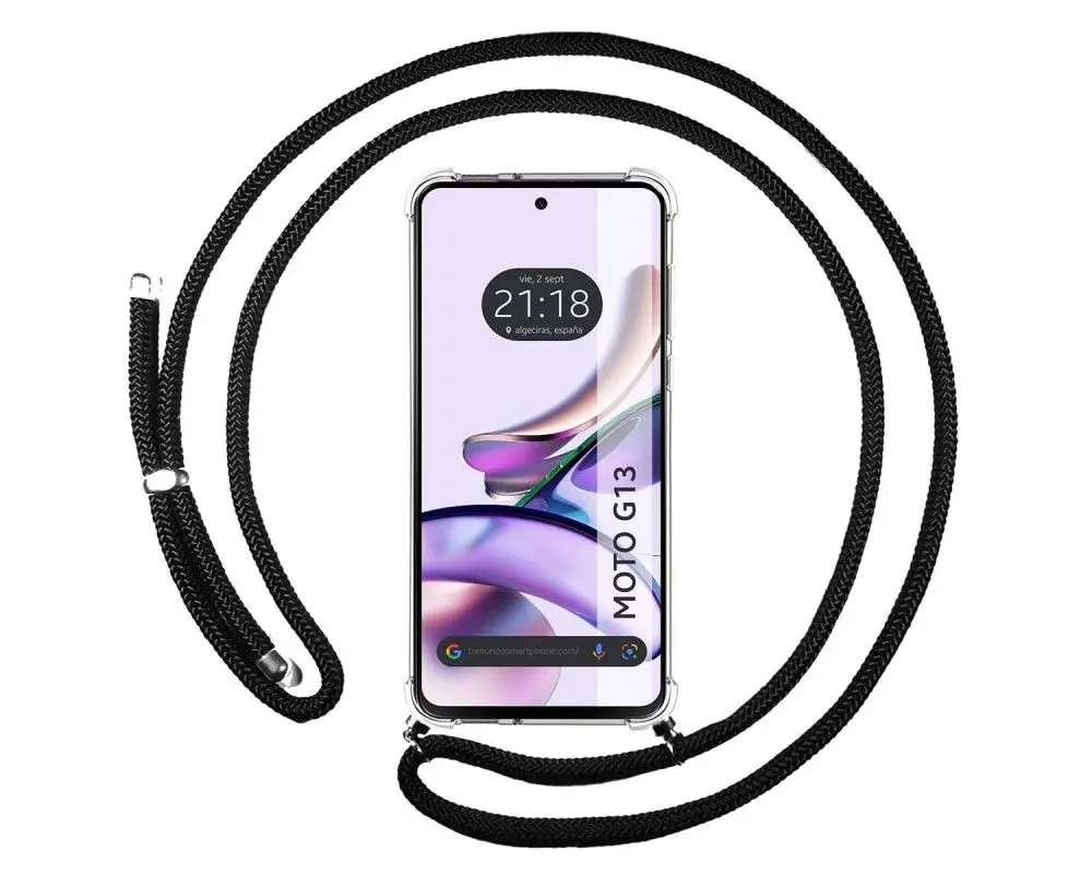 Transparent hanging case for Motorola Moto G13 with black cord