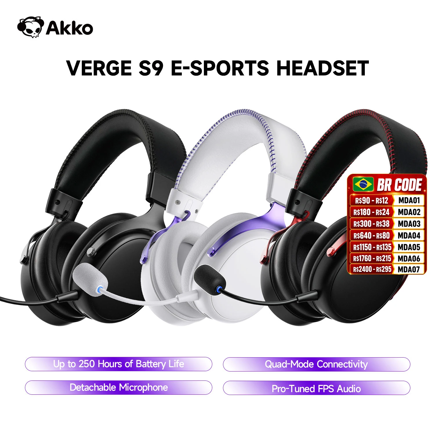 Fone de Ouvido AKKO Verge S9 para E-Sports com Microfone, Headphone Gamer Quad-Mode, Áudio Surround 7.1 Canais, Áudio FPS Otimizado, Driver de 53mm