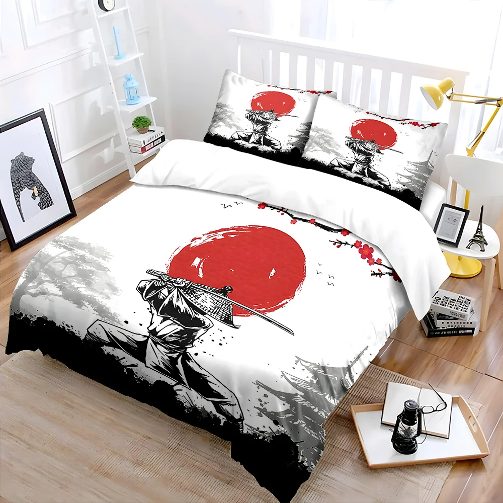 Samurai wielding sword, red sun background Bedding Set for Kids Luxury Gift 3pcs Digital Print Comforter Set Soft Comfortable