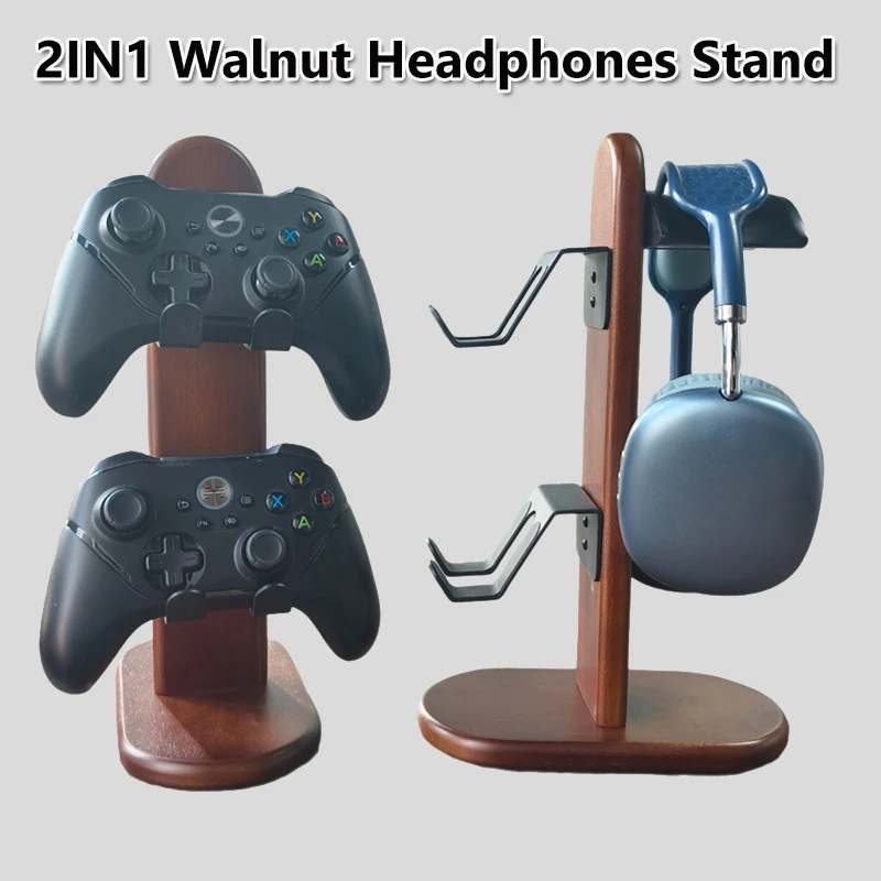 2IN1 Walnut Headphones Stand Solid Wood Desktop Display Shelf with Stable Base Multi-functional Bracket for Gamepad Headsets