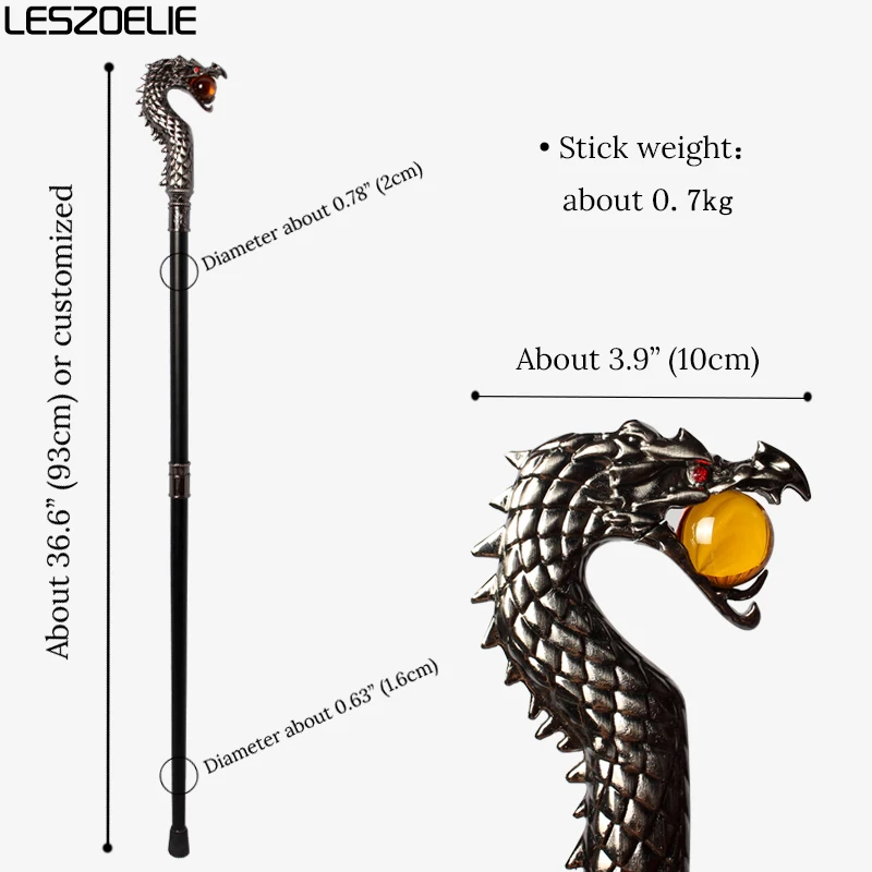 Bastón para caminar con cabeza de dragón plateado de lujo con bola de cristal naranja, bastones decorativos para caminar para fiestas para hombres y mujeres a la moda