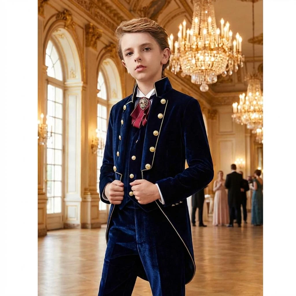 Navy Blue Velvet Boys Suits 3 Pcs Formal Blazer Vest Pants Kids Tailcoat Elegant Performance Clothes Children Tuxedos