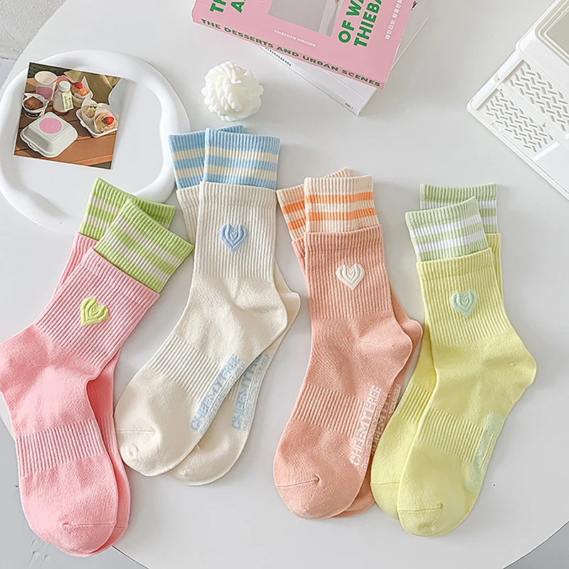 Japanese Sweet Style Women Socks Macaroon Color Love Heart Embroidered Cotton Sock Harajuku Striped Calcetines