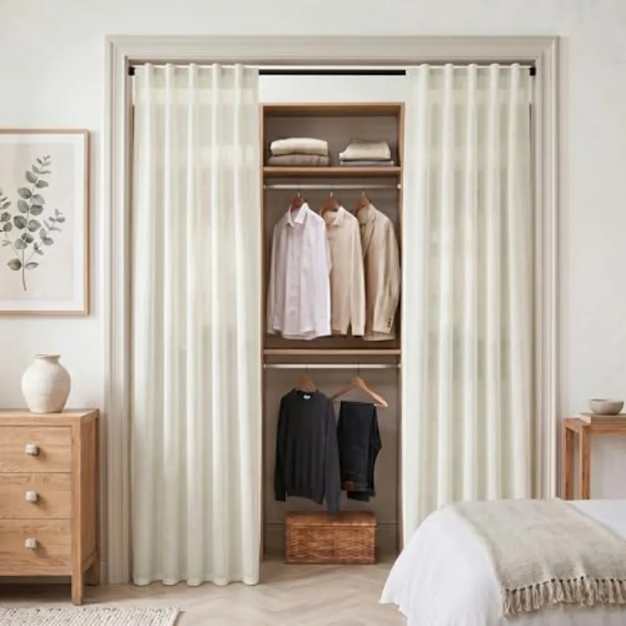 

80 Inch Closet Curtains for Bedroom Closet Door, Linen Cotton Boho Semi Sheer Back Tab Pleated Easy Open Sliding Closet Door Cu