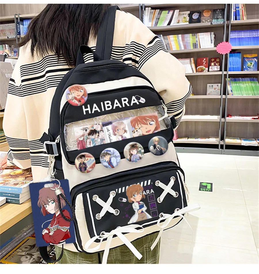 Imagem -04 - Detetive Conan Anime com Emblema Mochila dos Desenhos Animados Bolsa do Portátil Escola Livro Estudante Ombro Computador Bolsa de Viagem Cosplay