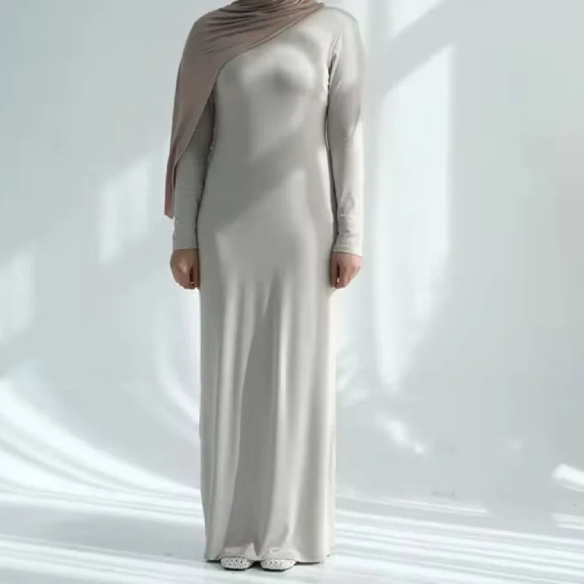 Abito in cotone modale tinta unita Abito casual leggero con scollo a V Abito Abaya musulmano ampio Elegante caftano a maniche lunghe per Dubai