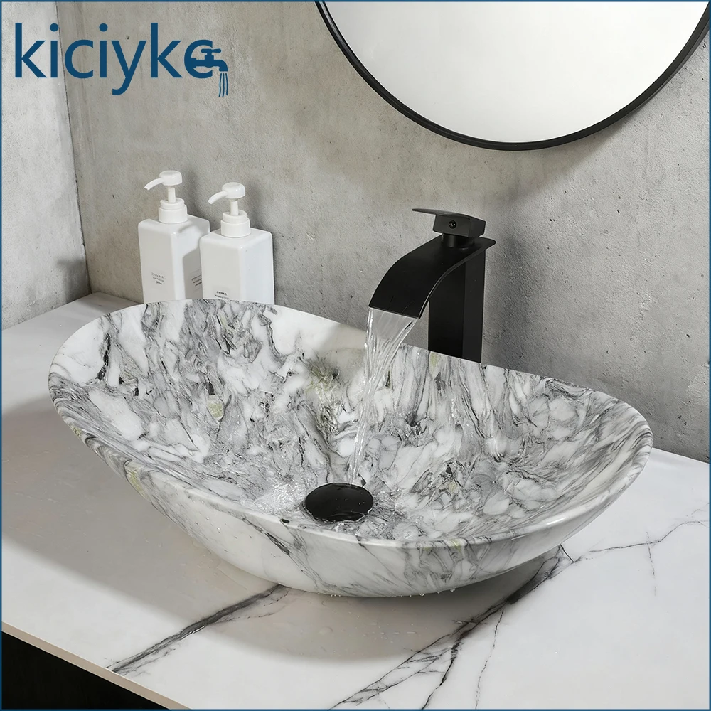 

Marble Pattern Ceramic Vessel Sink Oval Above Counter Bathroom Vanity Basin with Black Waterfall Faucet Combo Set Artistic Bathroom Sink