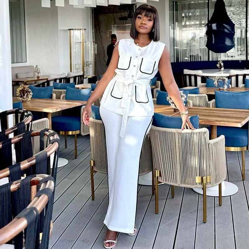 Women Pant Sets Two Piece Sleeveless Bandage Shirt Vests Button Patchwork O Neck High Waist Elegant Pants Suits Summer