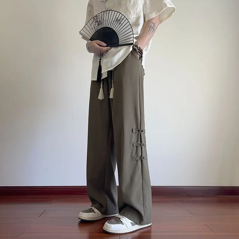 New Chinese Style Chinese Style Buckle Ice Silk Men's Summer Thin Loose Straight Wide-leg High-end Casual Men's Pants