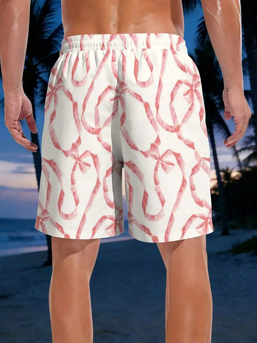 

Mens Watercolor Pink Ribbon Print Beach Shorts Summer Swim Trunks