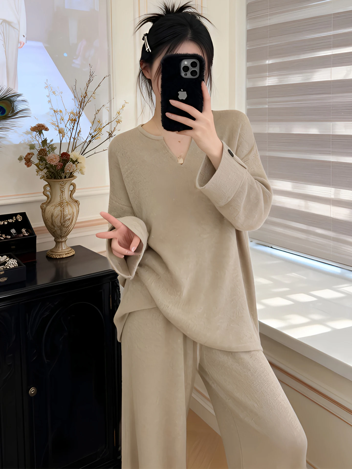 High Waist Straight Leg Pants And Knitted Sweater V Neck Two Piece Set Lazy Style Fashionable Autumn Winter Women's Wear