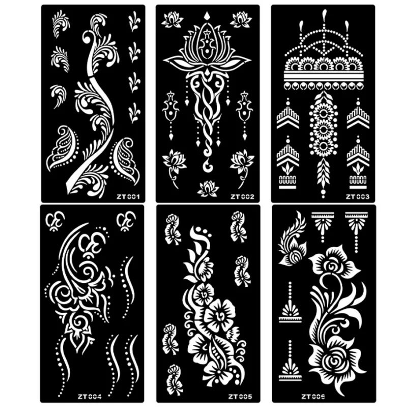 6styles Tattoo Stencil Set Reusable Indian Henna Pattern Tattoo Templates Kit for Creative Body Art Parties Special Occasions