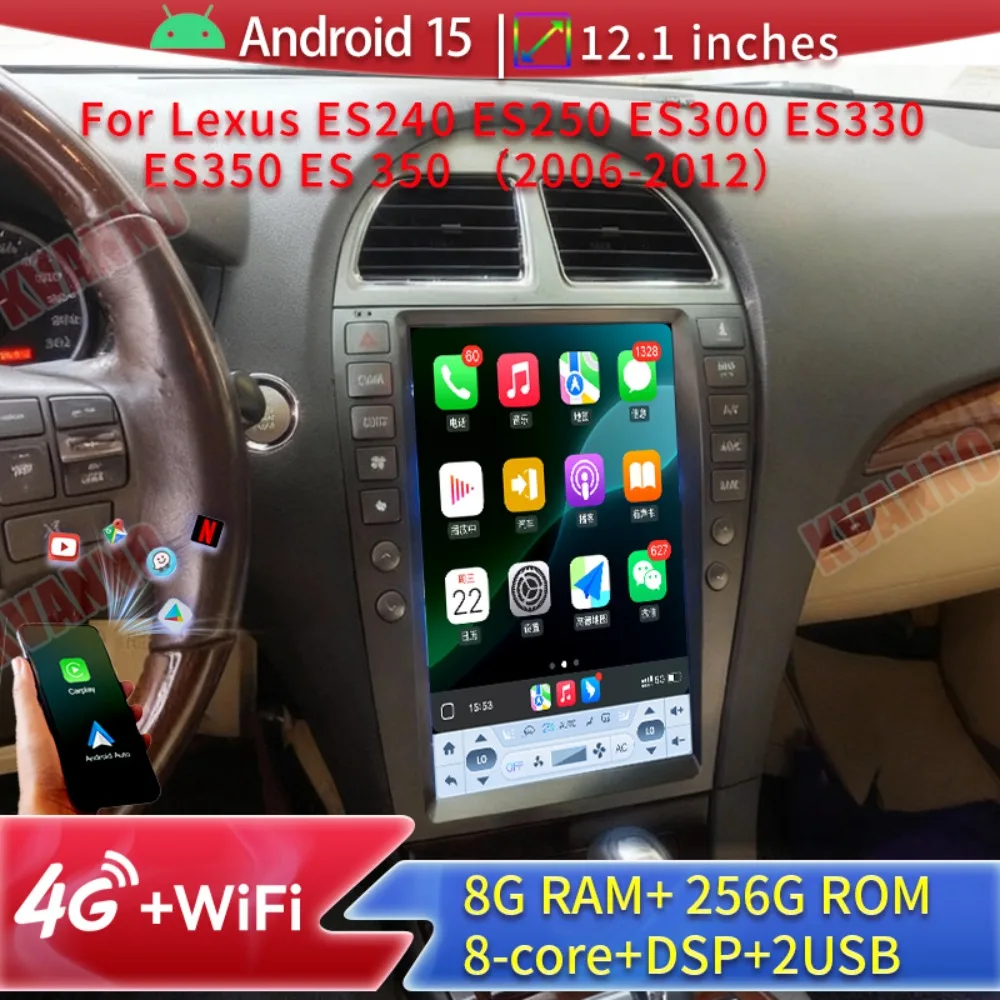 12.1" Android15 Car Radio For Lexus ES240 ES250 ES300 ES330 ES350 ES 350 2006-2012 GPS Navigation Video Player Carplay BT 4G FM