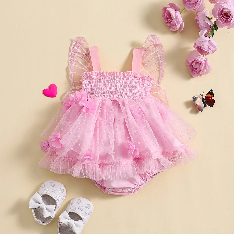 Robe barboteuse en tulle pour bébés filles, costume de batterie patchwork, vêtements d'été, fleur plissée, papillon