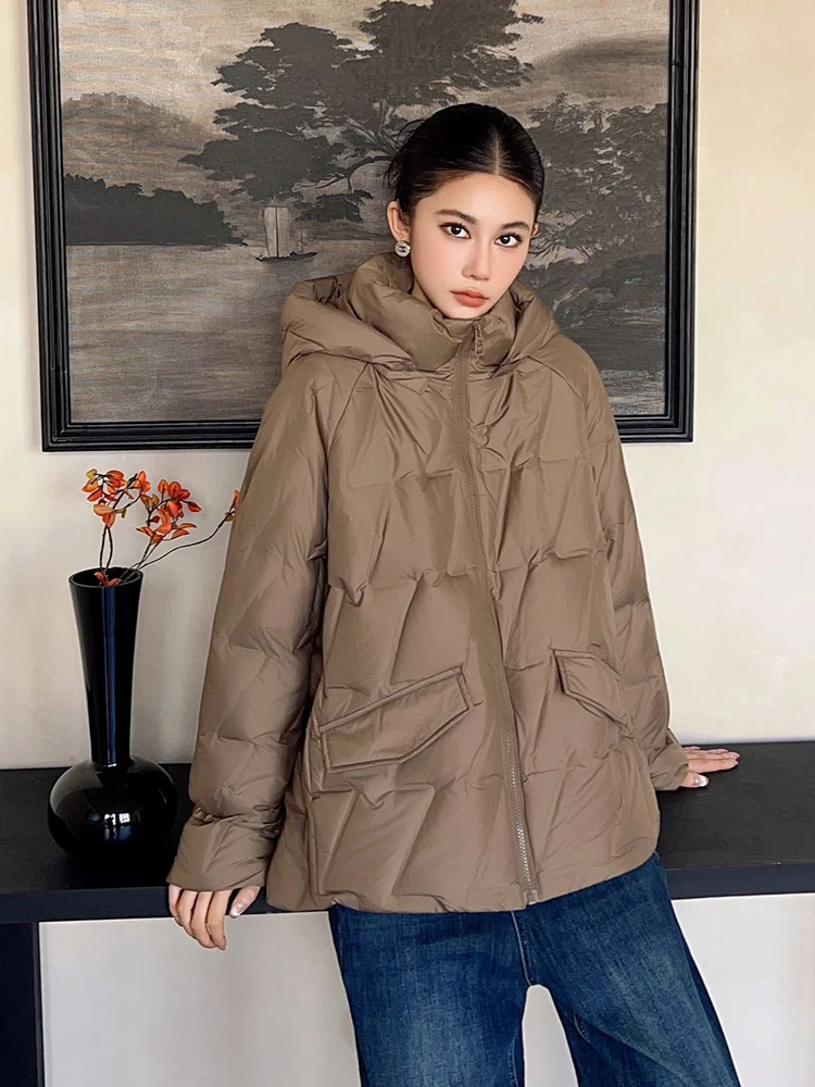 

Winter Loose Hooded Warm Down Jacket Women White Duck Down Zipper Solid Parker Outwears Female Outdoors Casual Down Jackets Coat