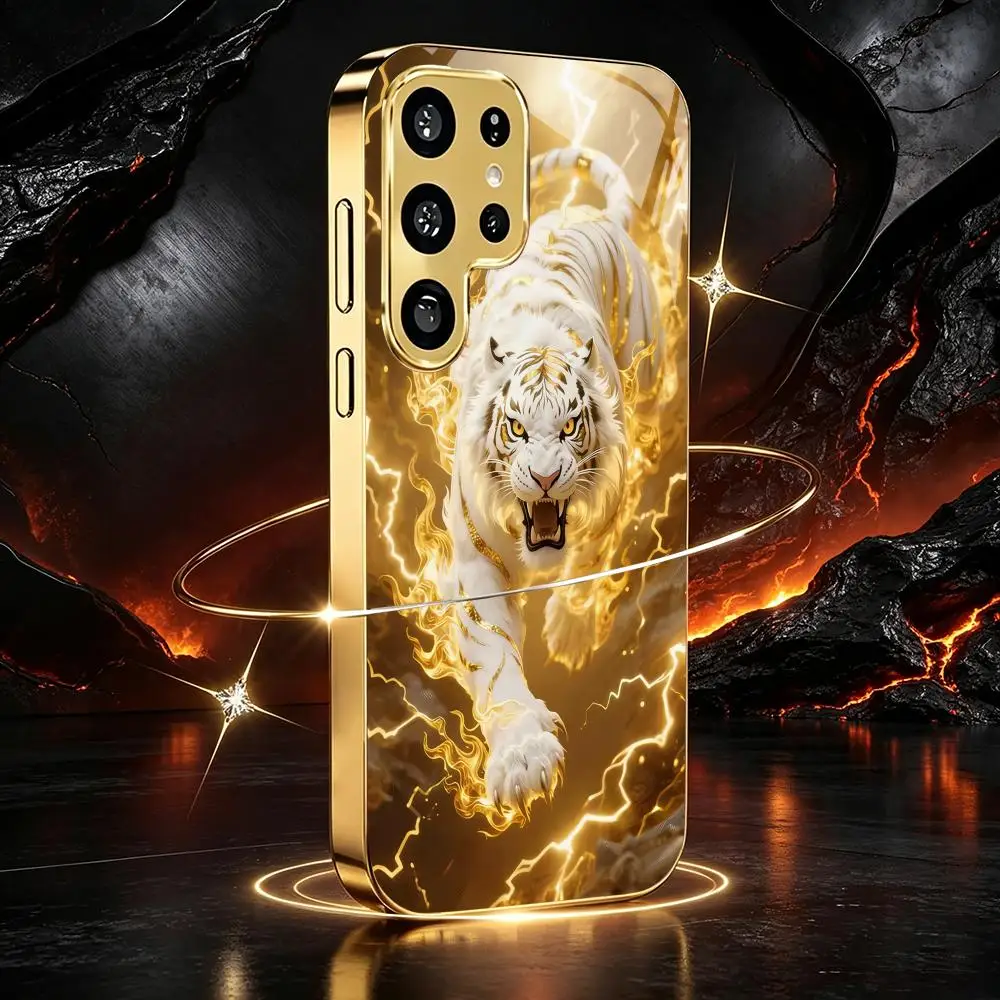 Fierce Tiger electroplated glass phone case suitable for Samsung GalaxyS26 S25 S24 S23 S22 S20FE/Ultra/Plus anti fall back cover