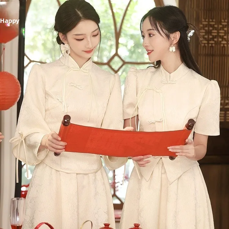 

Champagne Color Chinese Sle Maidsmaid Dr Stand Collar Improved Retro ow He Wedding Gown Long Evening Skirt Ele