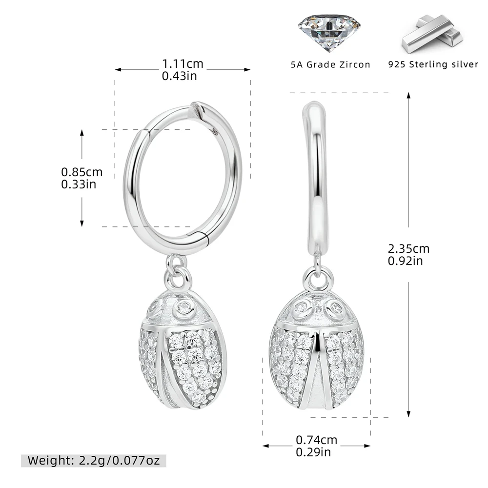 S925 Sterling Silver 18K Gold Plated Earrings Super Flash Zircon Ladybug Ear Studs for Woman Party Jewelry Gift