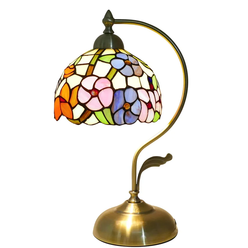 

Handmade stained glass table lamp metal leaf iron base retro curved morning glory lamp