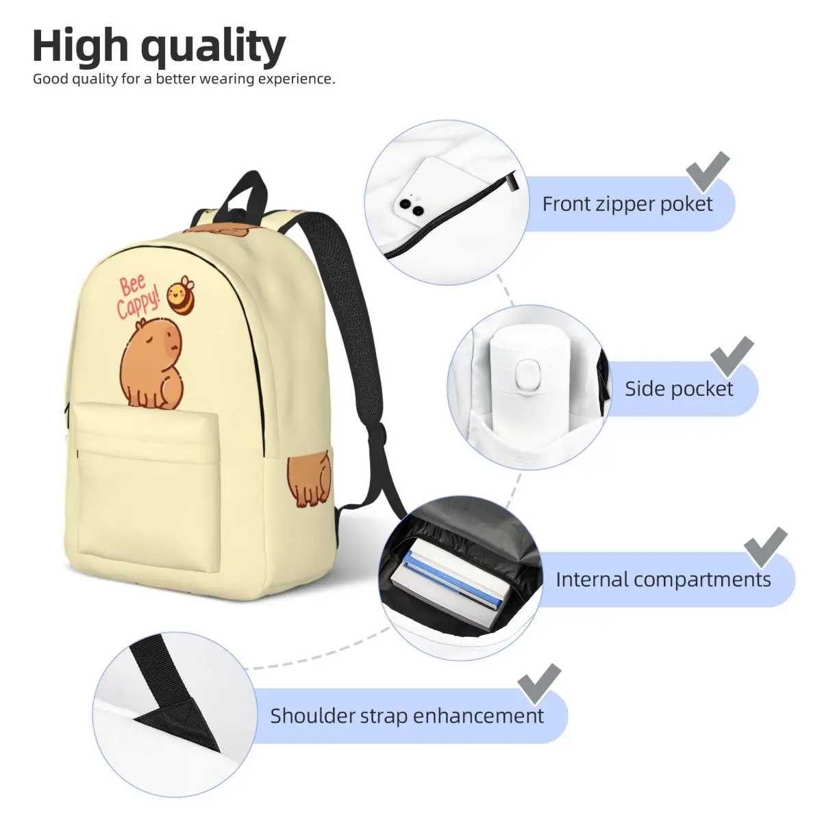 Mochila Bee Cappy Capybara Pun Be Happy para niños y niñas, mochilas escolares para estudiantes, mochila para preescolar, bolsa primaria con bolsillo
