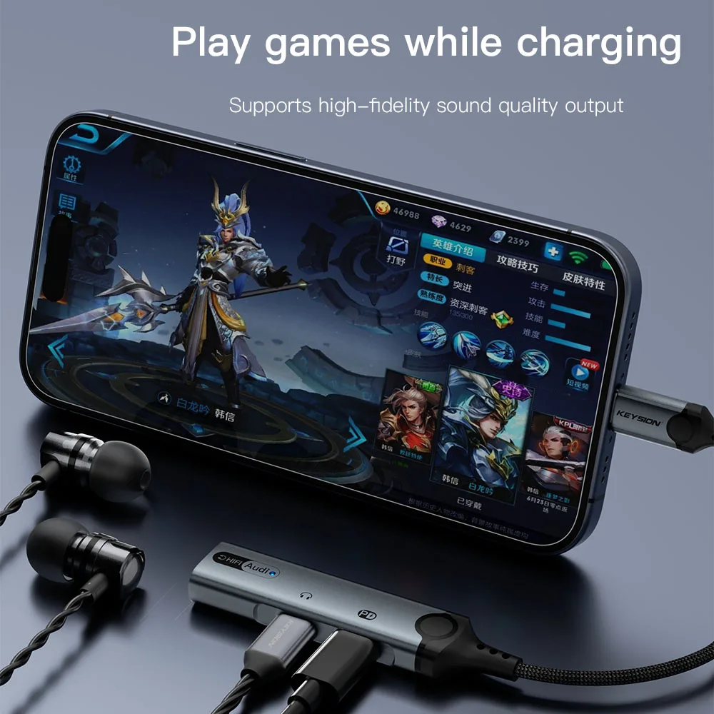 kEYSION 3 in 1 Type C to 3.5mm Earphone DAC Audio Dual Type C Headphone Jack Adapter PD60W Fast Charging Splitter for iPhone 15