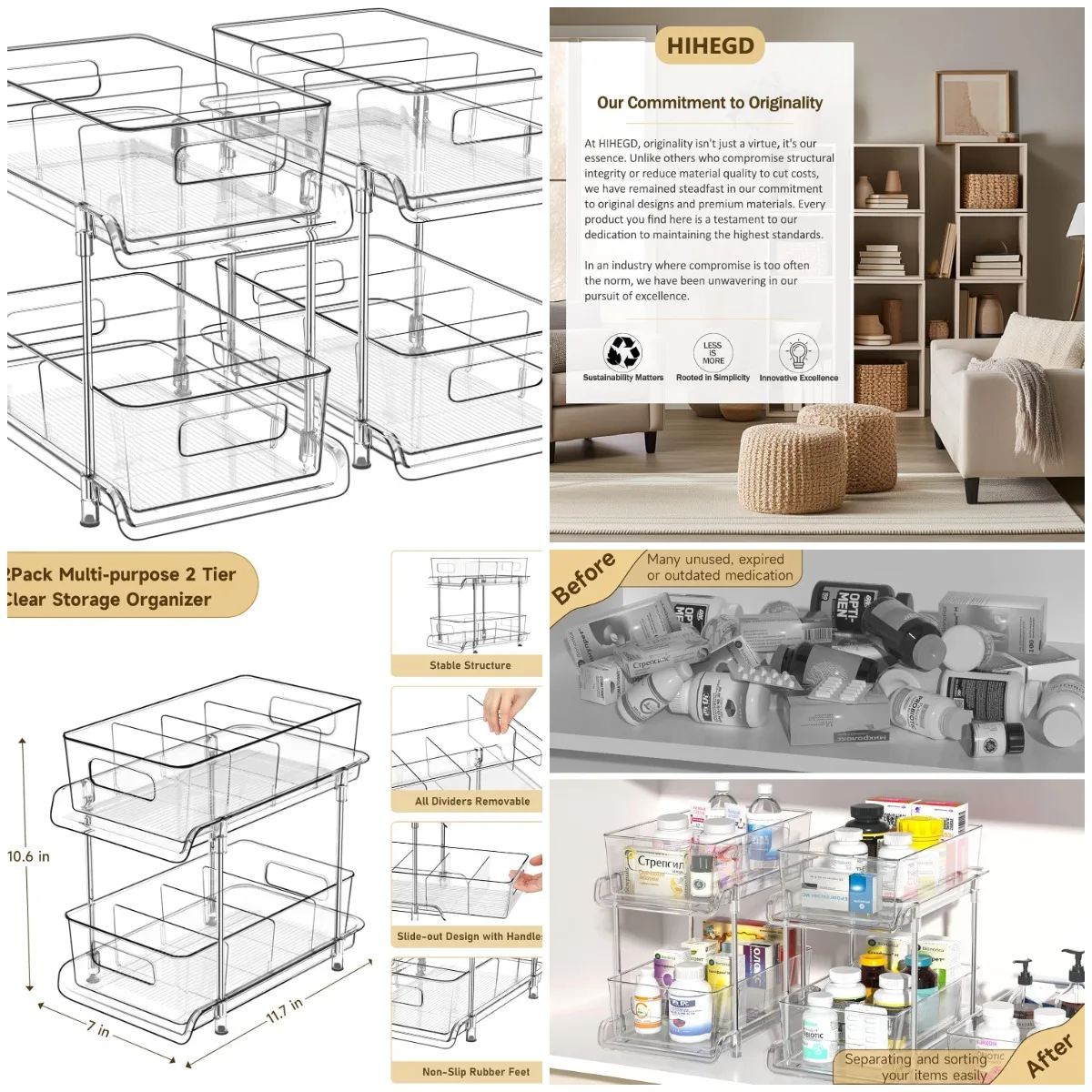 

2-Tier Bathroom Organizer with Dividers, Clear Under Sink and Pull-Out Cabinet Organizer for Kitchen and Pantry Storage