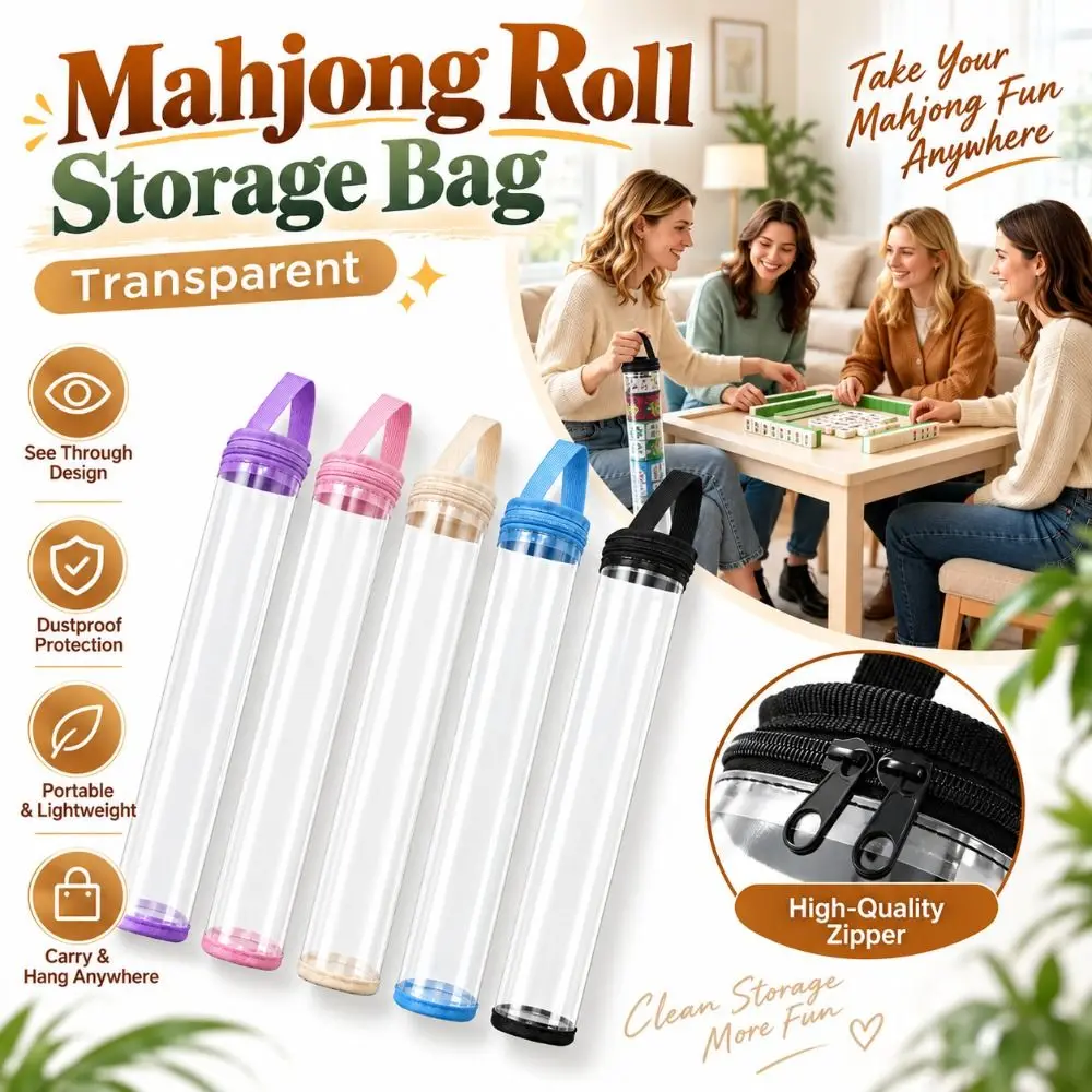 PVC Mahjong Mat Case Transparent Dustproof Mahjong Roll Storage Bag Carry Handle Hanging Loop Mahjong Mat Storage Tube
