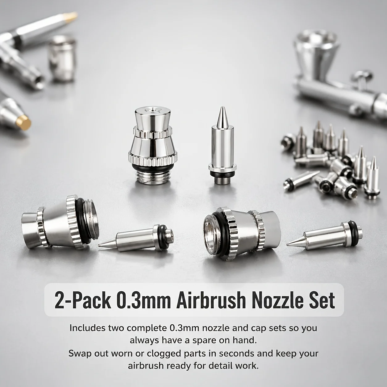 Metal airbrush nozzle replacement kit, including a 0.3mm nozzle tip and cap; universal repair parts for non-electric airbrushes.