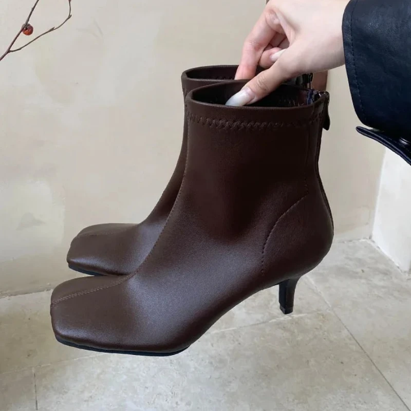 

Autumn Winter Square Toe Thin Low Heel Ankle Boots for Women Soft Leather Non-slip Zip Designer Stretch Boot Elegant Party Heels