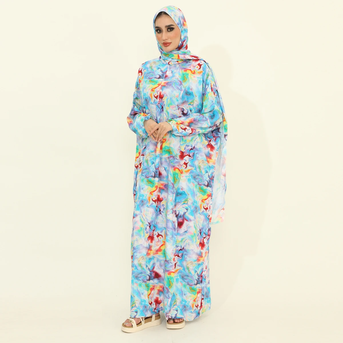 

Autumn New Muslim Fashion Abaya Dresses with Hijab One Piece Prayer Dresses Flower Printed Pretty Dubai Abayas