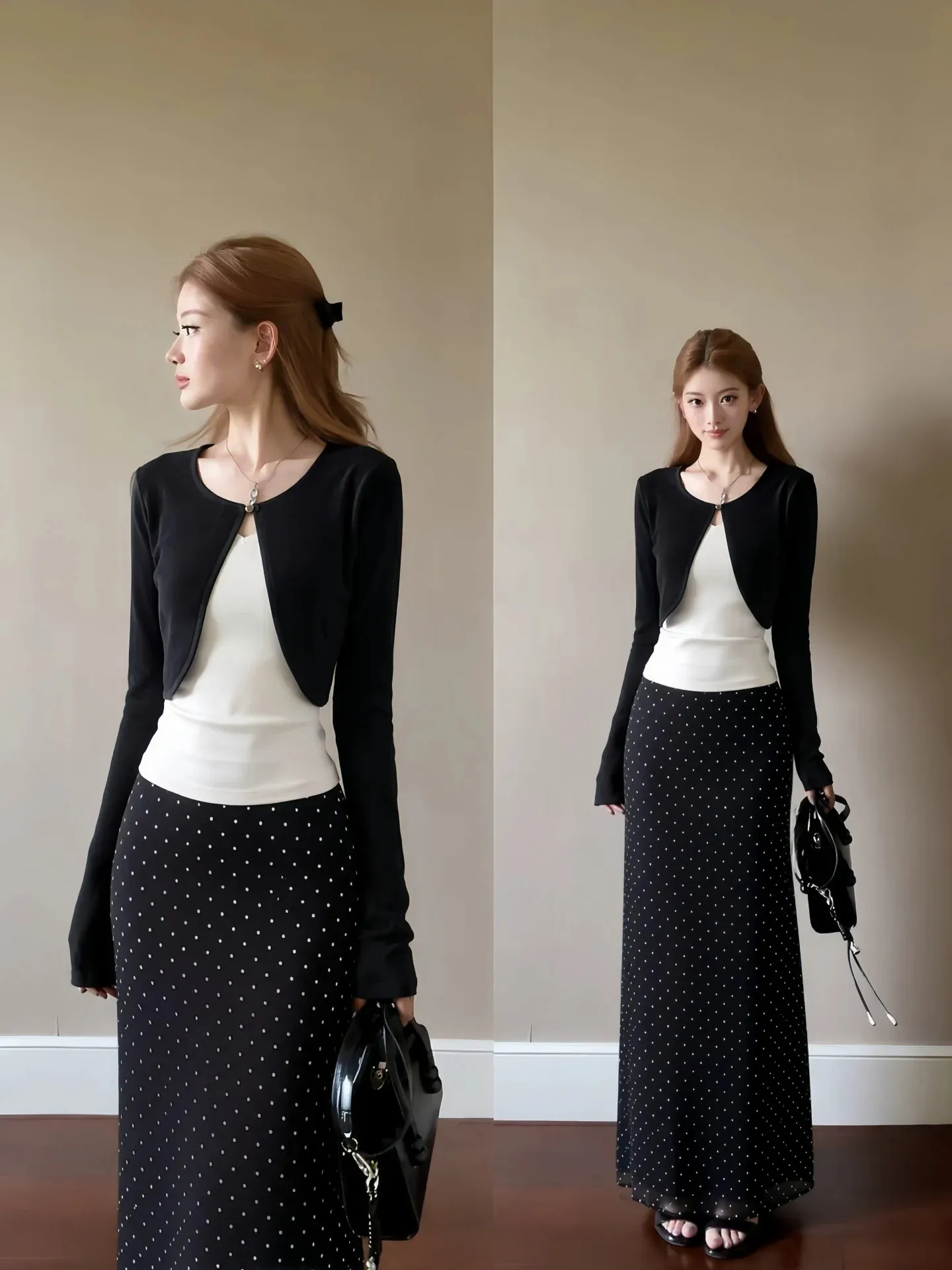 Black Polka Dot Halter Neck Midi Dress Set Women's Autumn Casual Style High Waist Fish Tail Two Piece Set Fashionable Ensemble