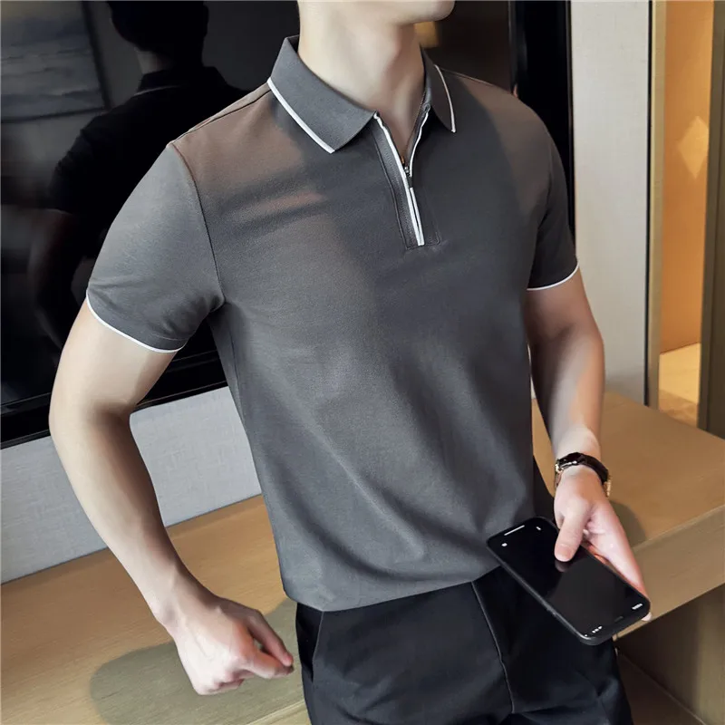 Summer Fashion Color Blocking Half Zip Polo Shirt for Men Short Sleeved Lapel T-shirt Casual Business Polo Tee Tops White Black