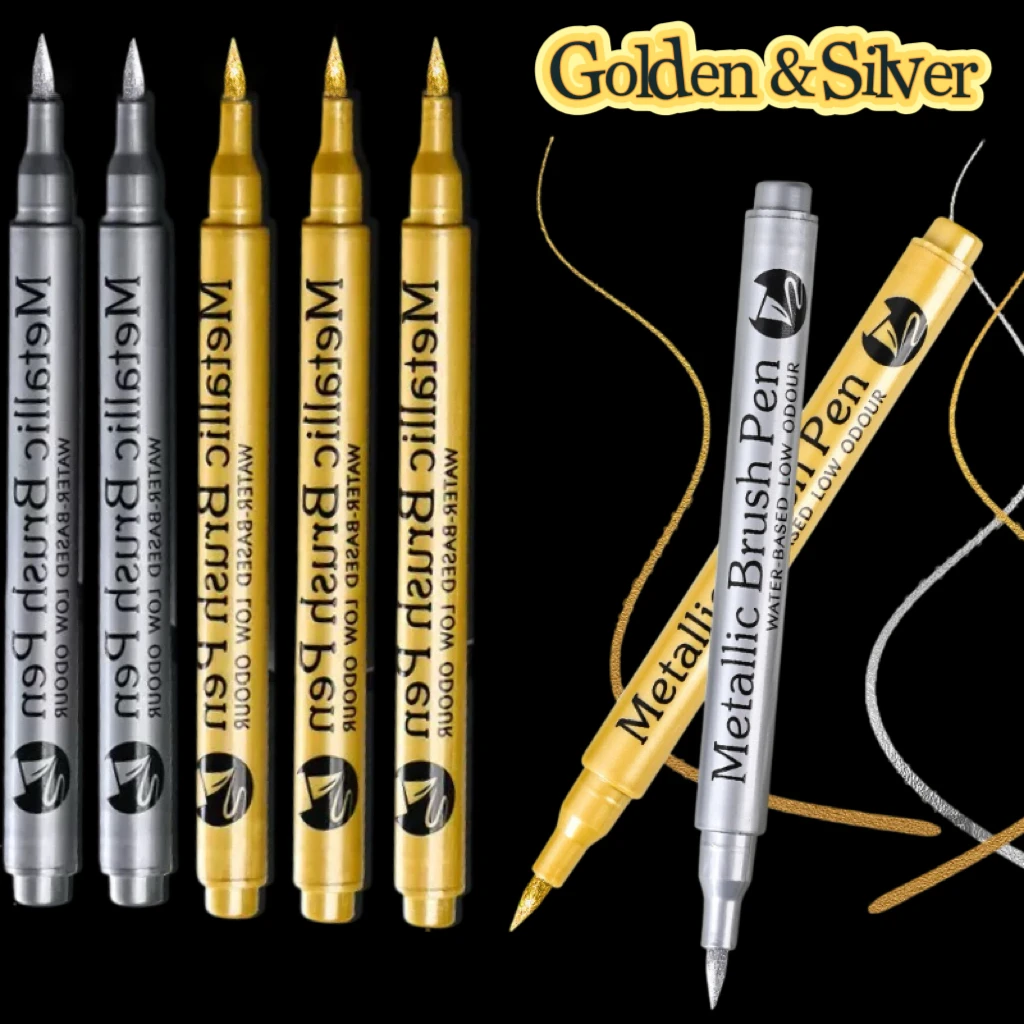 

5pcs（3Golden+2Silver）Metallic Brush Marker Pen, for graffiti, signature, painting, back to school.
