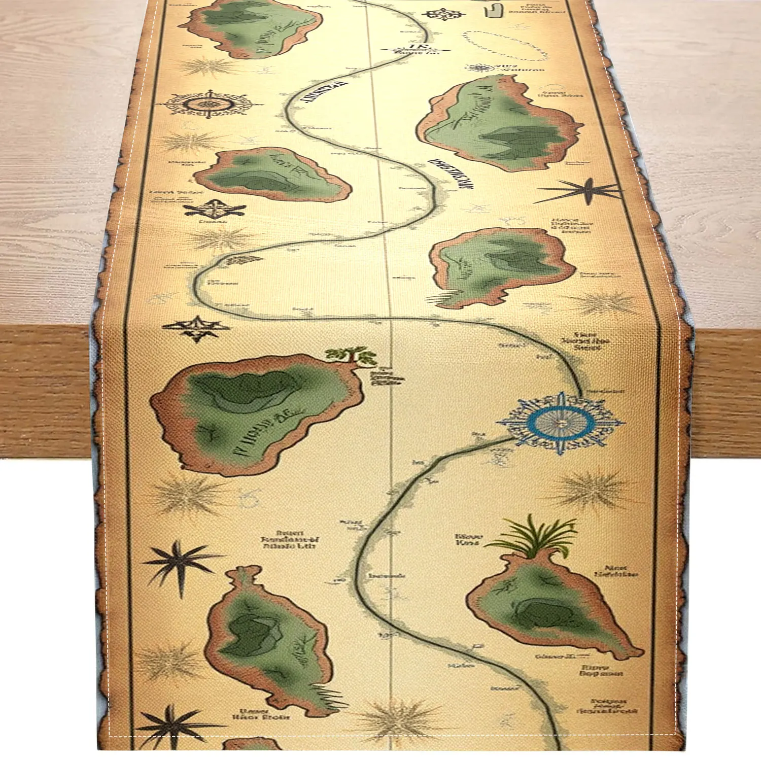 

1 Piece of Vintage Nautical Map-Themed Table Runner, Decorated with Islands, Routes, and Nautical Elements, Suitable for Ocean-Themed and Adventure-Themed Spaces