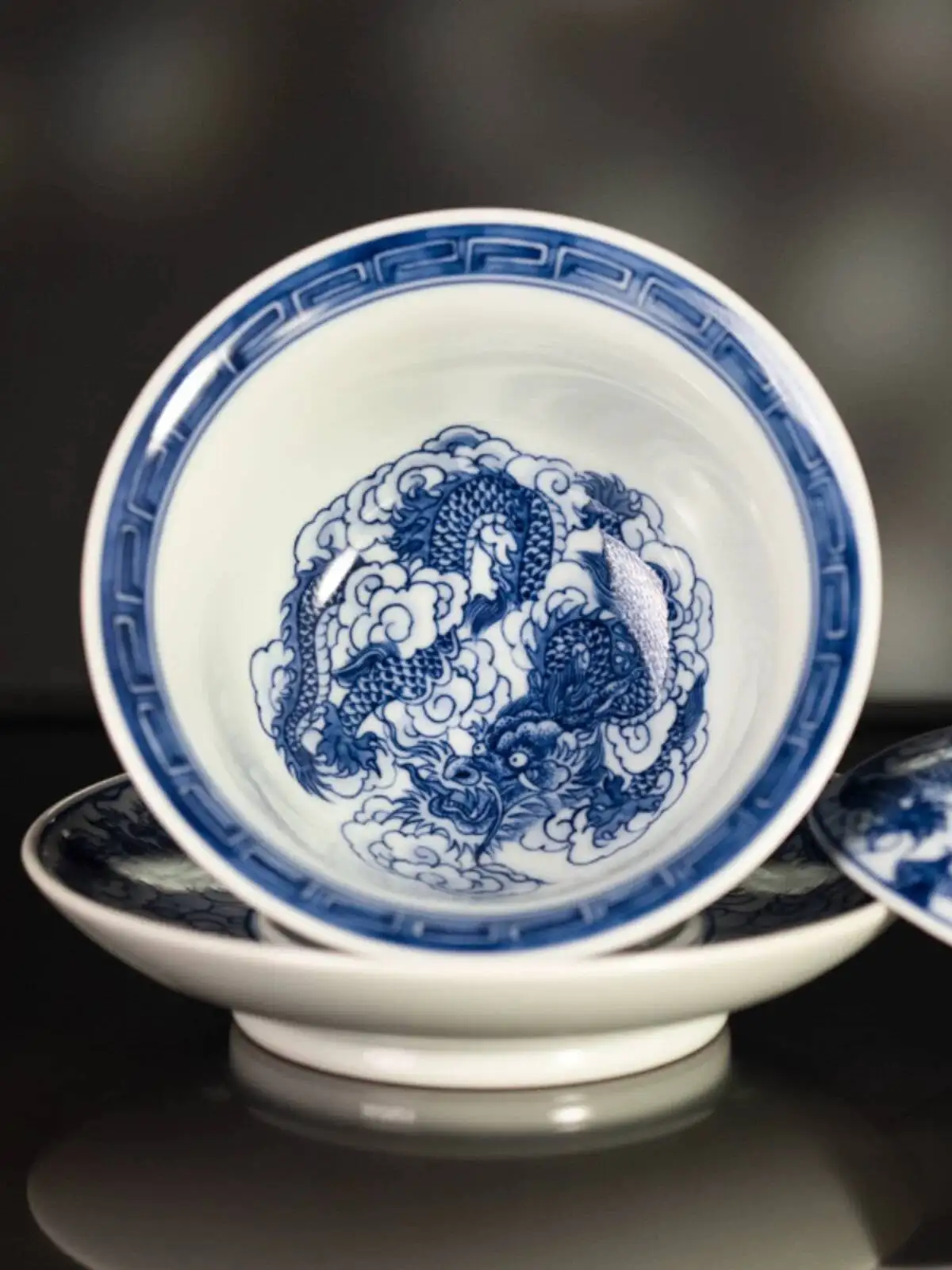 Sacred Mountain Blue And White Nine Dragons Jingdezhen Antique Handmade Set Sancai Gaiwan Tea Bowl