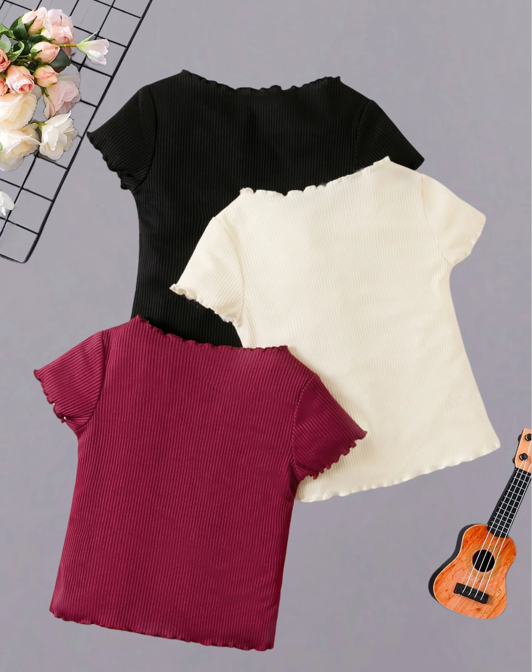 Three-Color Ribbed Short-Sleeved Top - Simple and Fashionable Basic Style