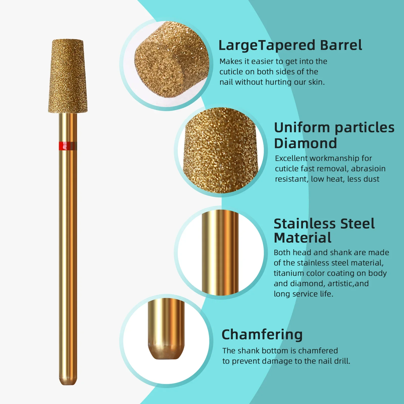 5mm 대형 테이퍼드 배럴 큐티클 클린 네일 드릴 비트, 티타늄 러시안 다이아몬드 네일 비트 네일 클리너 액세서리 도구