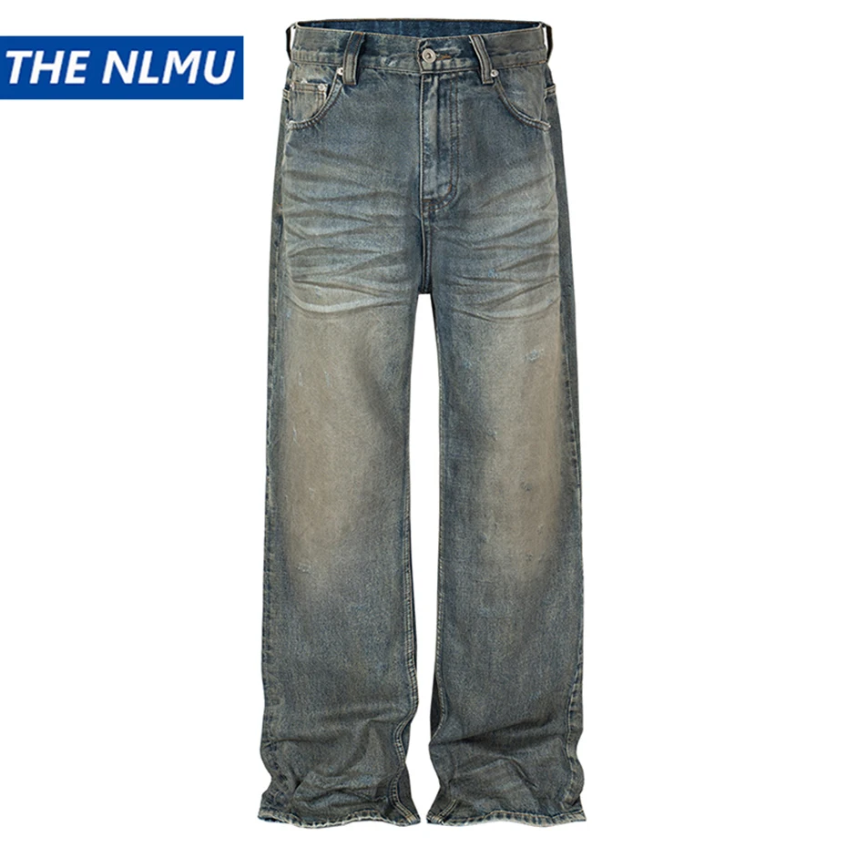 

Vintage Men Jeans Blue Baggy Denim Pants Dirty Washed Retro Loose Straight Jeans Trousers