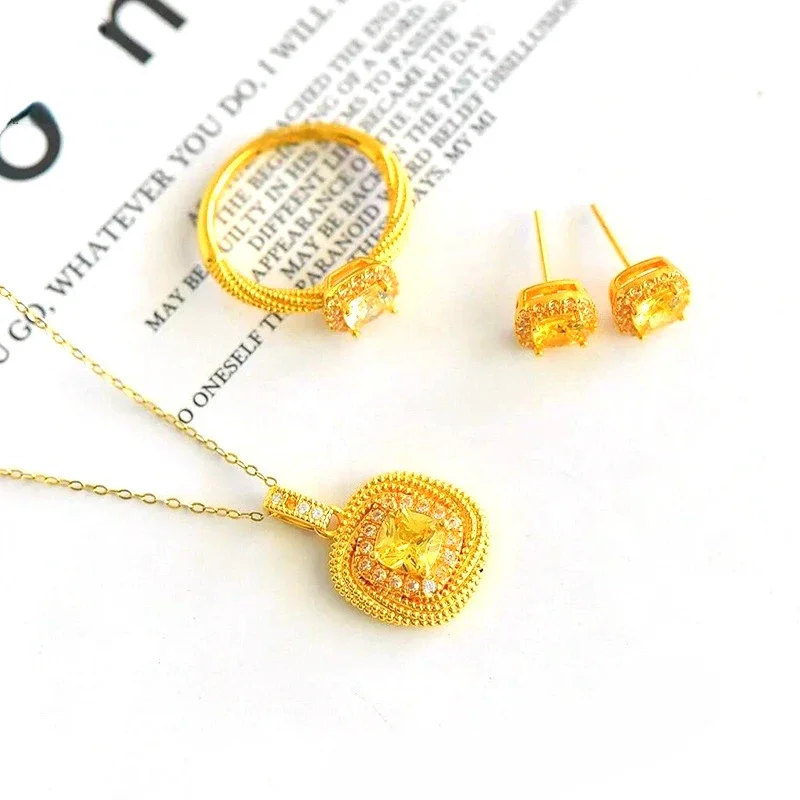 Necklace Chain Set with Yellow Diamond for Women Exquisite Real 14k Gold Color Bracelet Ring Earring Necklace Jewelry Sets