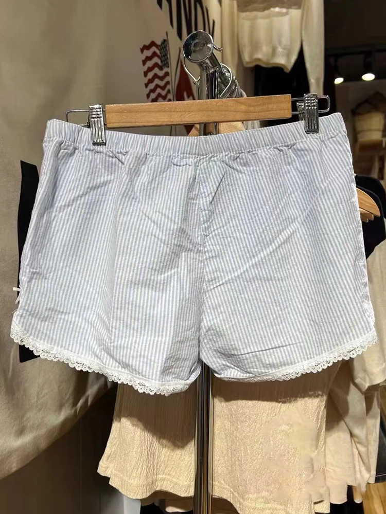 Renda retalhos listras shorts feminino botões de algodão elástico cintura alta casual em linha reta calças curtas doce arco verão sweatshorts