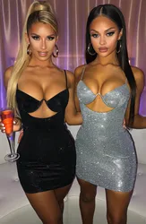 SKMY Women Clothing Nightclub Sparkly Dress Sexy Spaghetti Strap Hollow Out Bodycon Dress Solid Color 2026 Summer New Arrival