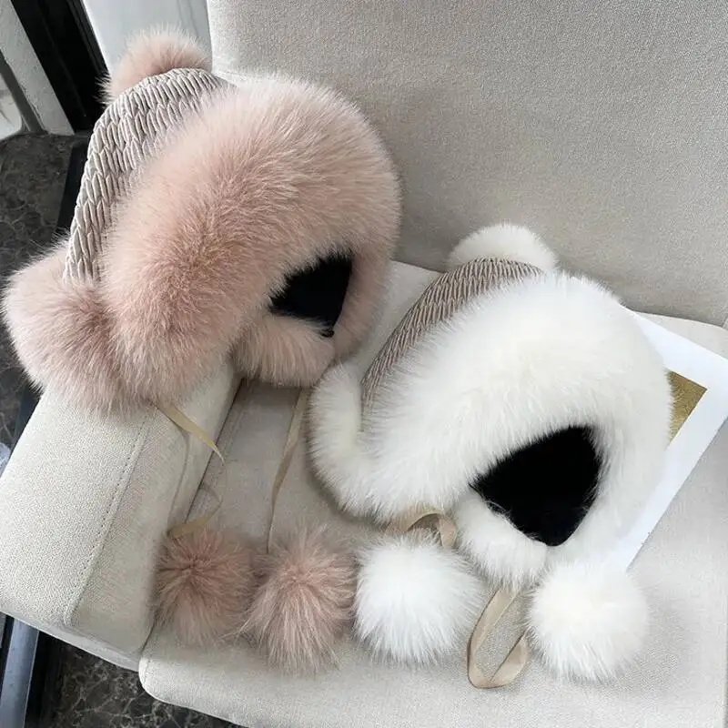 Winter Real Fox Fur Lei Feng Hat Handmade Knitted fur Hat Warm Ear Protection Women's Hat With Pompom Fashion Natural Fur Caps