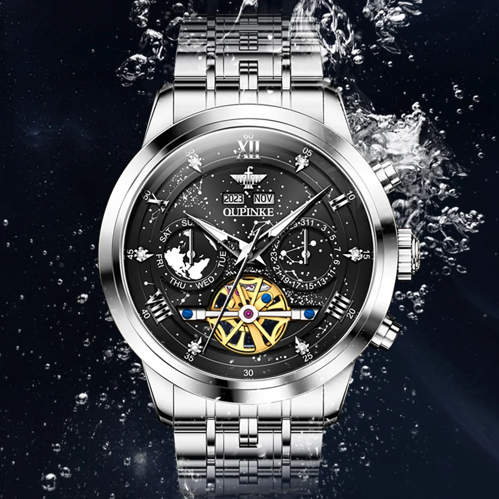 OUPINKE 3255 Nuevo reloj para hombre de alta calidad Reloj mecánico automático Sky de lujo ﻿   Caja de regalo de relojes de acero de tungsteno resistente al agua de 50M