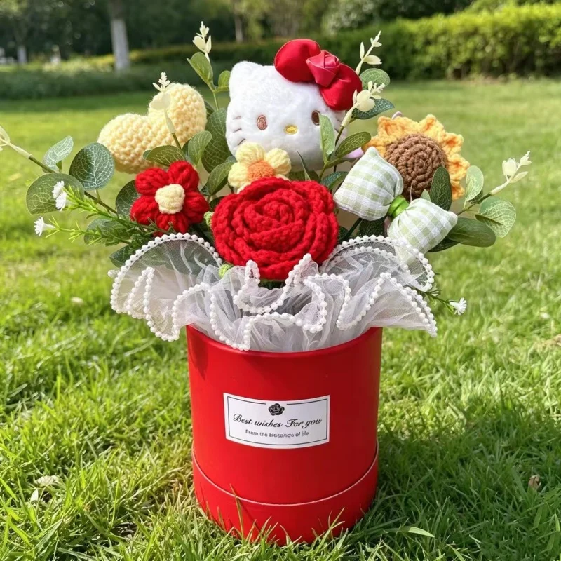 Echte Hellokitty Plüschtiere mit Gehäkelten Blumen Kreative Sträuße Tischdekoration für Zuhause Weihnachts- Geburtstags- und Neujahrsgeschenk – Detail 8